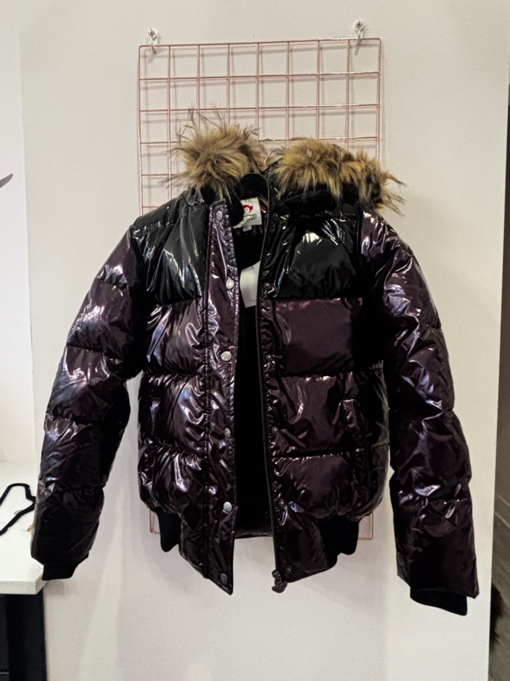 Appaman Metallic Purple and Black Puffer Jacket with Faux Fur Hood